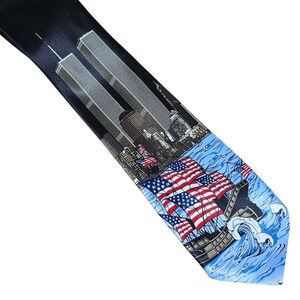 VTG New York Twin Towers NYC Skyline 9/11 American Flag Ship Tie Novelty 90s Y2K